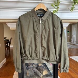 Zara Olive Green Cropped Bomber Jacket Size L